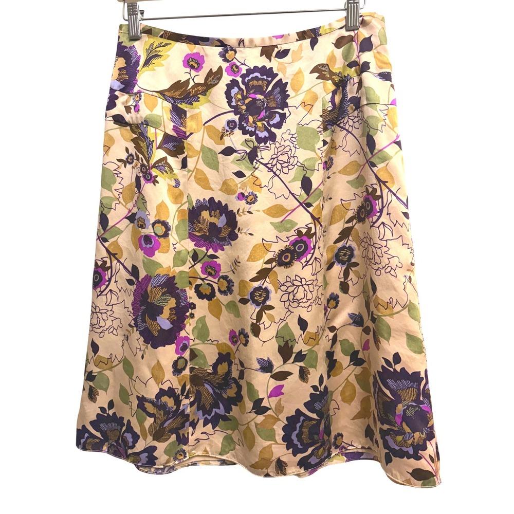 i.e. 100% Silk Floral Botanical Tan Purple Greenβ Y2K 90s Midi Skirt A-Line 8